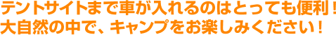 テントサイトまで車が入れるのはとっても便利。大自然の中で、キャンプをお楽しみください。